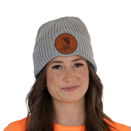 Beanie, Grey with Leather Logo